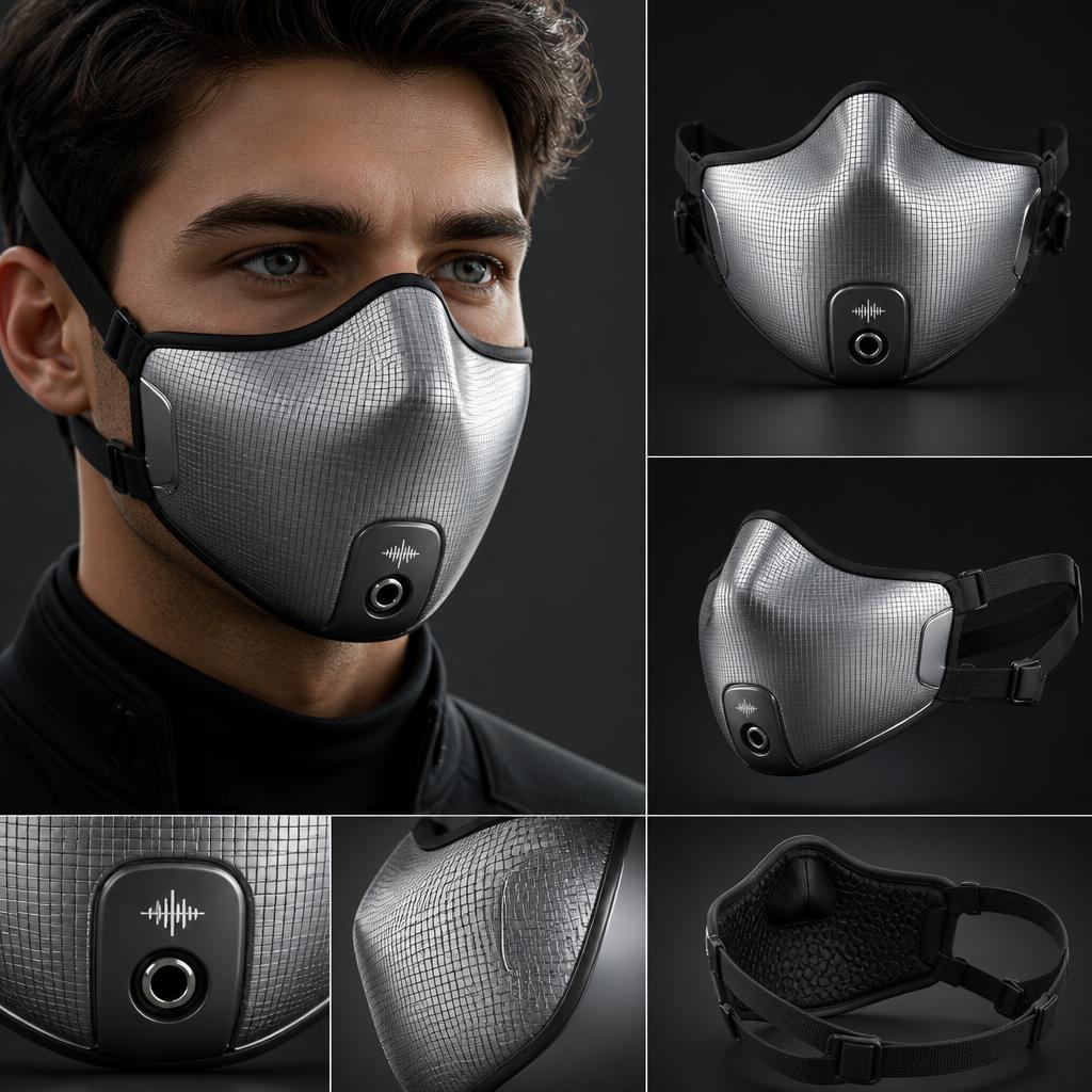 Voixce worn in profile: a woven titanium shell, matte black strap and the audio port at the mouth